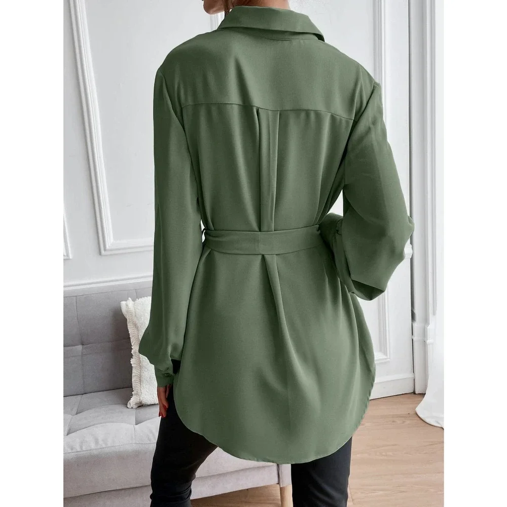 long sleeve Button down Belted tunic length Shirt black - Picture 9 of 11